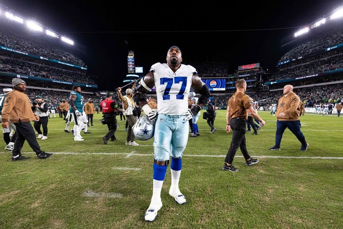 Nov 5, 2023; Philadelphia, Pennsylvania, USA; Dallas Cowboys offensive tackle Tyron Smith (77) looks on after a loss to the Philadelphia Eagles at Lincoln Financial Field.