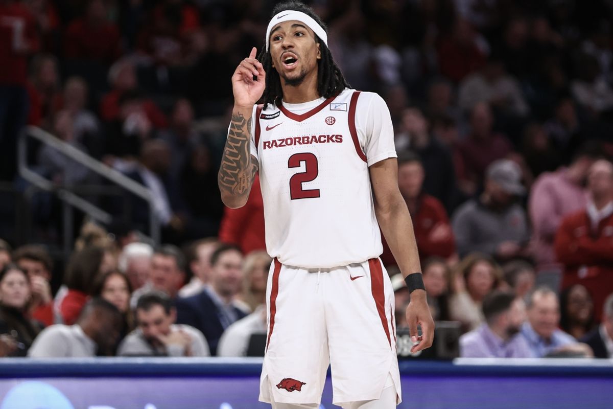 Dec 10, 2024; New York, New York, USA;  Arkansas Razorbacks guard Boogie Fland (2) talks to his teammates during a free throw attempt in the second half against the Michigan Wolverines at Madison Square Garden. Mandatory Credit: Wendell Cruz-Imagn Images