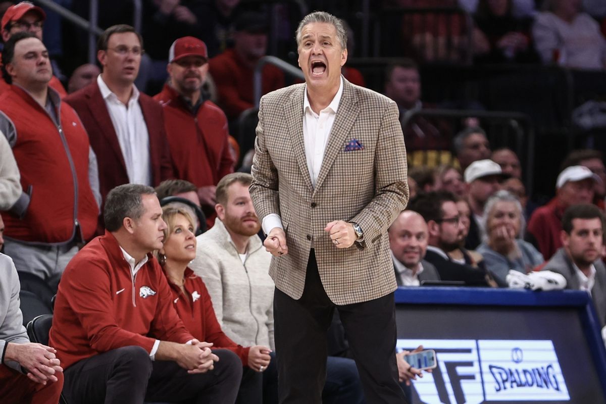 Dec 10, 2024; New York, New York, USA;  Arkansas Razorbacks head coach John Calipari yells out instructions in the second half against the Michigan Wolverines at Madison Square Garden. Mandatory Credit: Wendell Cruz-Imagn Images