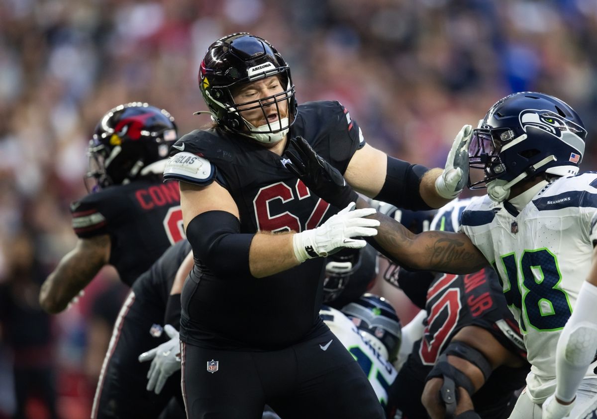 Dec 8, 2024; Glendale, Arizona, USA; Arizona Cardinals center Evan Brown (62) against the Seattle Seahawks at State Farm Stadium. Mandatory Credit: Mark J. Rebilas-Imagn Images