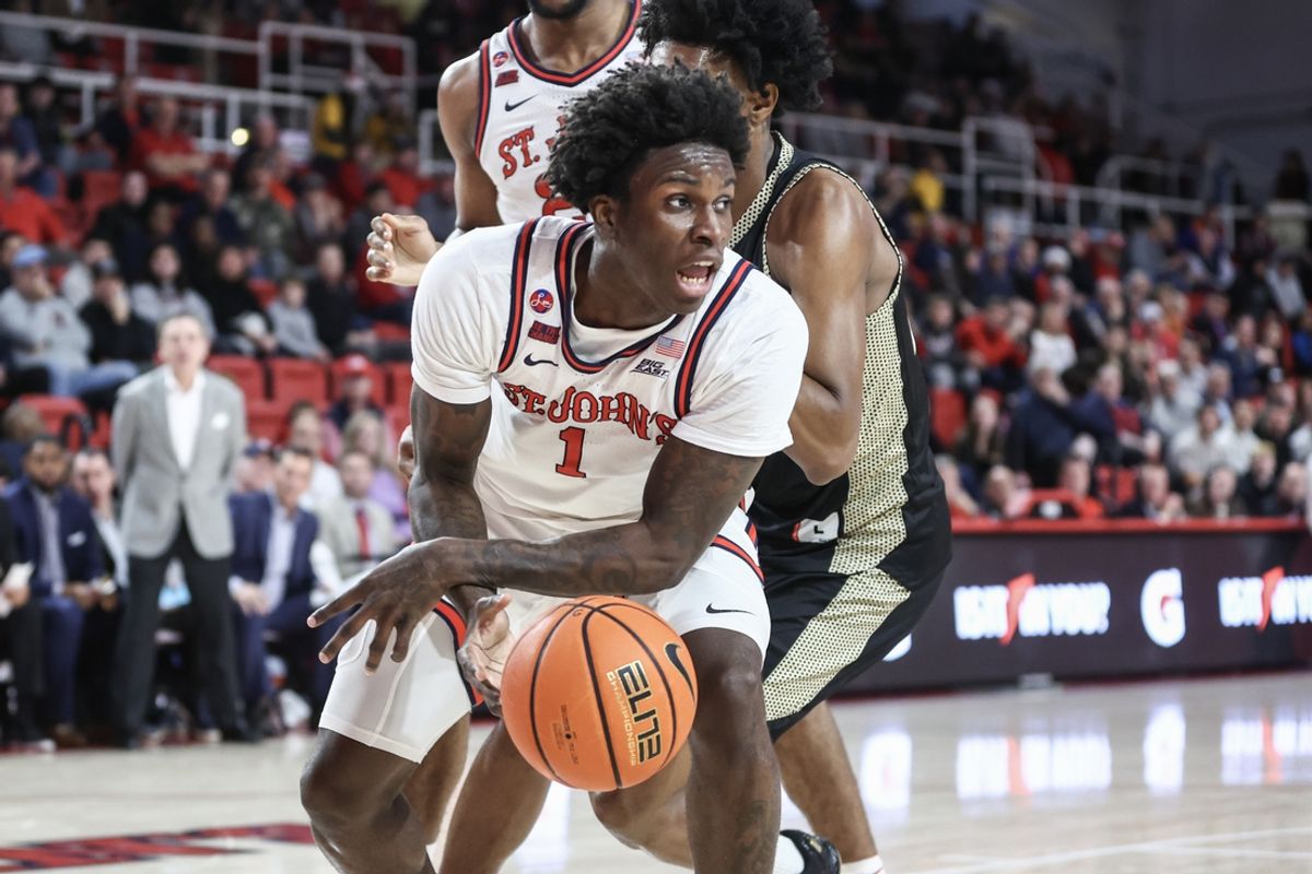 Dec 11, 2024; Queens, New York, USA;  St. John's Red Storm guard Kadary Richmond (1) grabs a loose ball in the first half against the Bryant University Bulldogs at Carnesecca Arena. Mandatory Credit: Wendell Cruz-Imagn Images