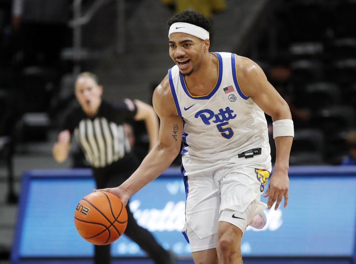 Dec 11, 2024; Pittsburgh, Pennsylvania, USA;  Pittsburgh Panthers guard Ishmael Leggett (5)brings the ball up court on a fast break against the Eastern Kentucky Colonels during the second half at the Petersen Events Center. Mandatory Credit: Charles LeClaire-Imagn Images