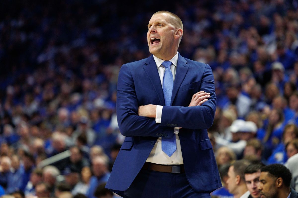Dec 11, 2024; Lexington, Kentucky, USA; Kentucky Wildcats head coach Mark Pope yells to his players during the second half against the Colgate Raiders at Rupp Arena at Central Bank Center. Mandatory Credit: Jordan Prather-Imagn Images