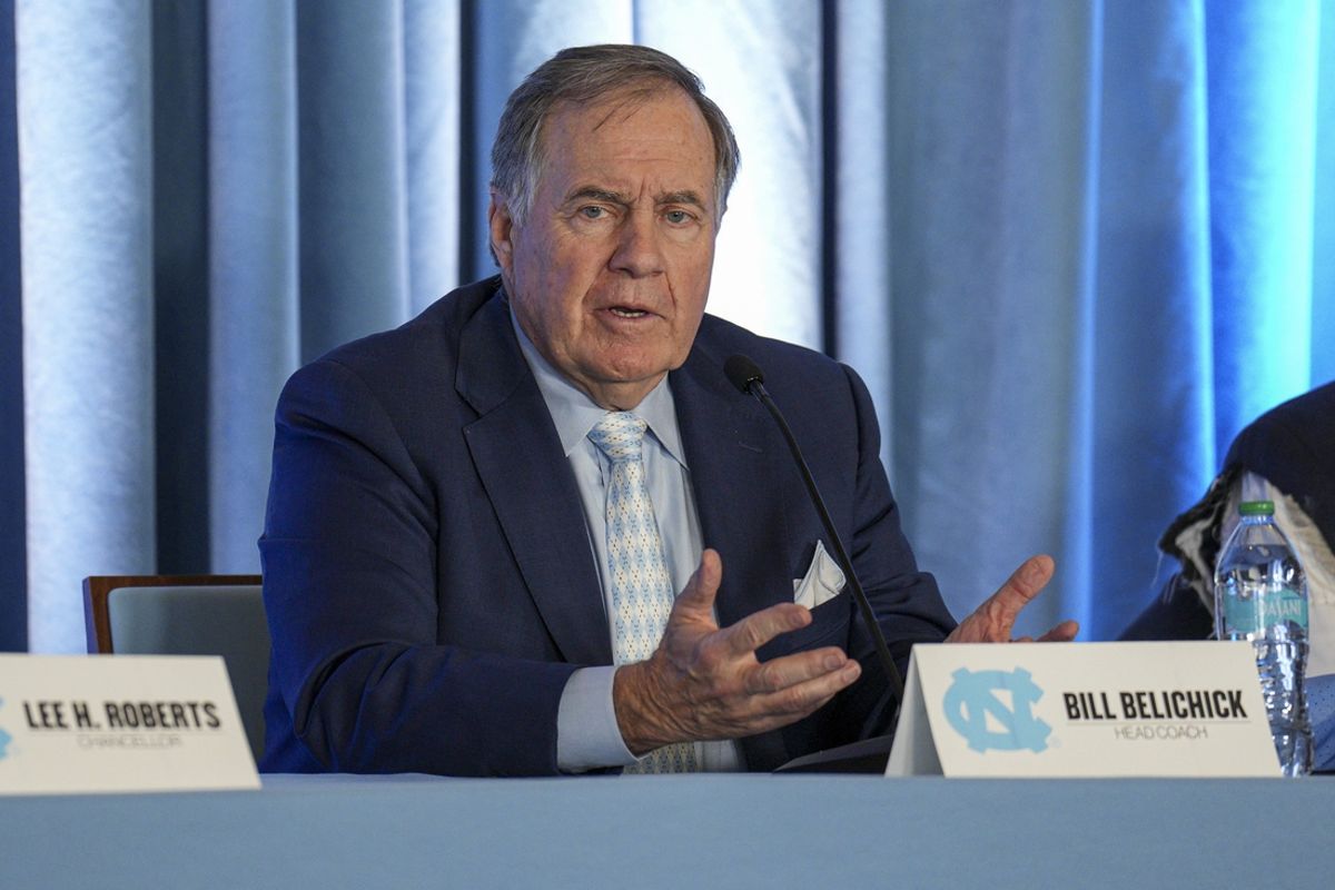 Dec 12, 2024; Chapel Hill, NC, USA;   North Carolina Tar Heels new head coach Bill Belichick speaks to those attending his hiring announcement  at Loudermilk Center for Excellence. Mandatory Credit: Jim Dedmon-Imagn Images