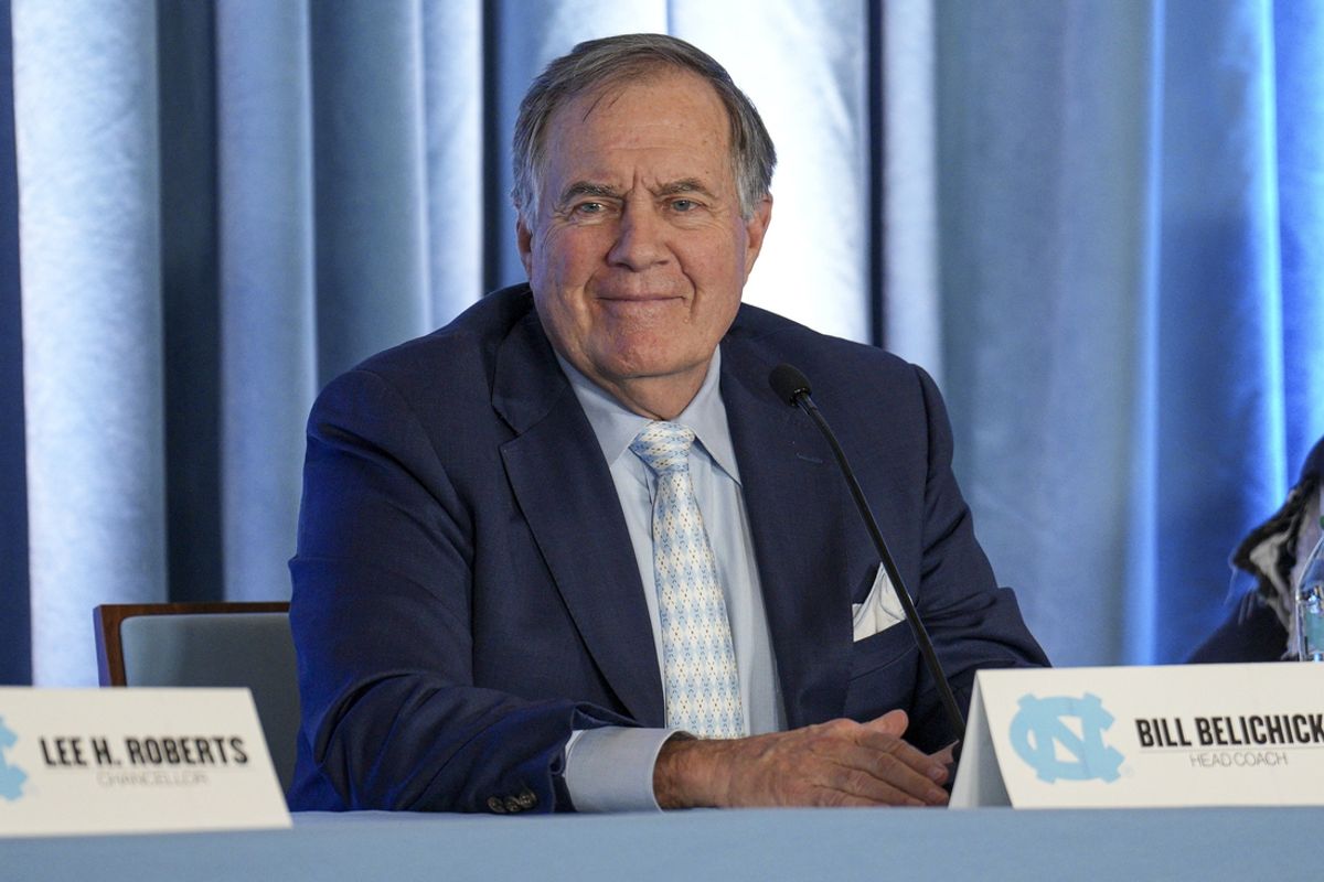 Dec 12, 2024; Chapel Hill, NC, USA; North Carolina Tar Heels new head coach Bill Belichick speaks to those attending his hiring announcement  at Loudermilk Center for Excellence. Mandatory Credit: Jim Dedmon-Imagn Images