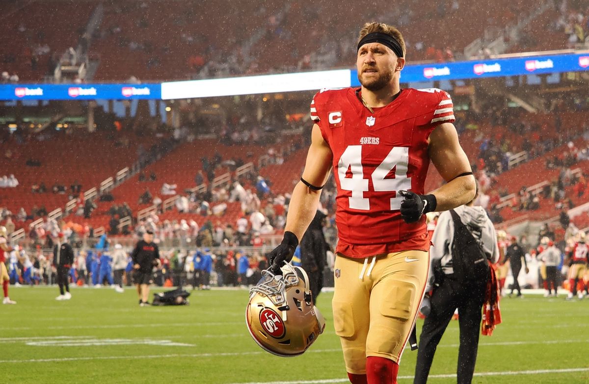 Dec 12, 2024; Santa Clara, California, USA; San Francisco 49ers fullback Kyle Juszczyk (44) on the field before the game against the Los Angeles Rams at Levi's Stadium. Mandatory Credit: Kelley L Cox-Imagn Images