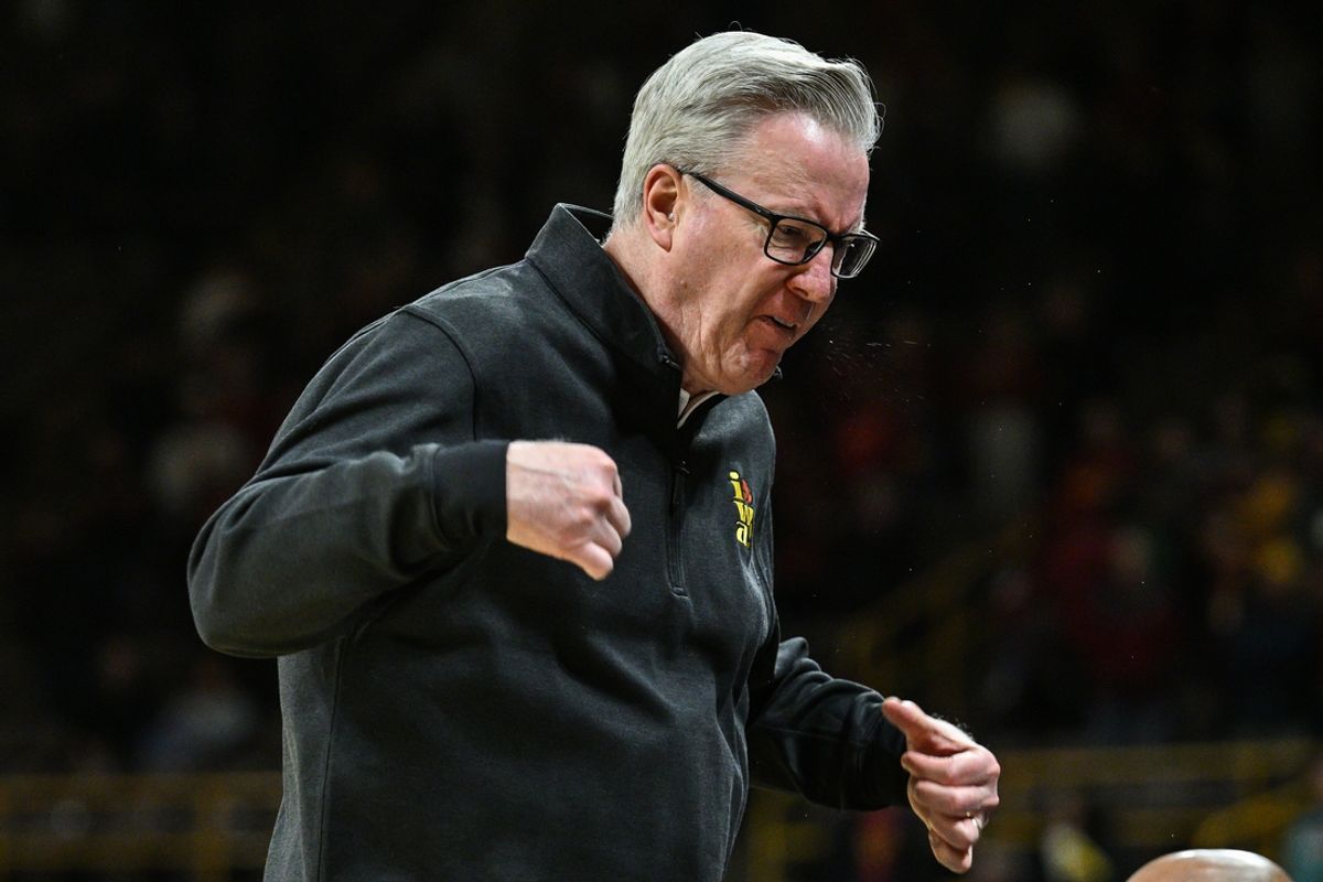 Dec 12, 2024; Iowa City, Iowa, USA; Iowa Hawkeyes head coach Fran McCaffery reacts during the second half against the Iowa State Cyclones at Carver-Hawkeye Arena. Mandatory Credit: Jeffrey Becker-Imagn Images