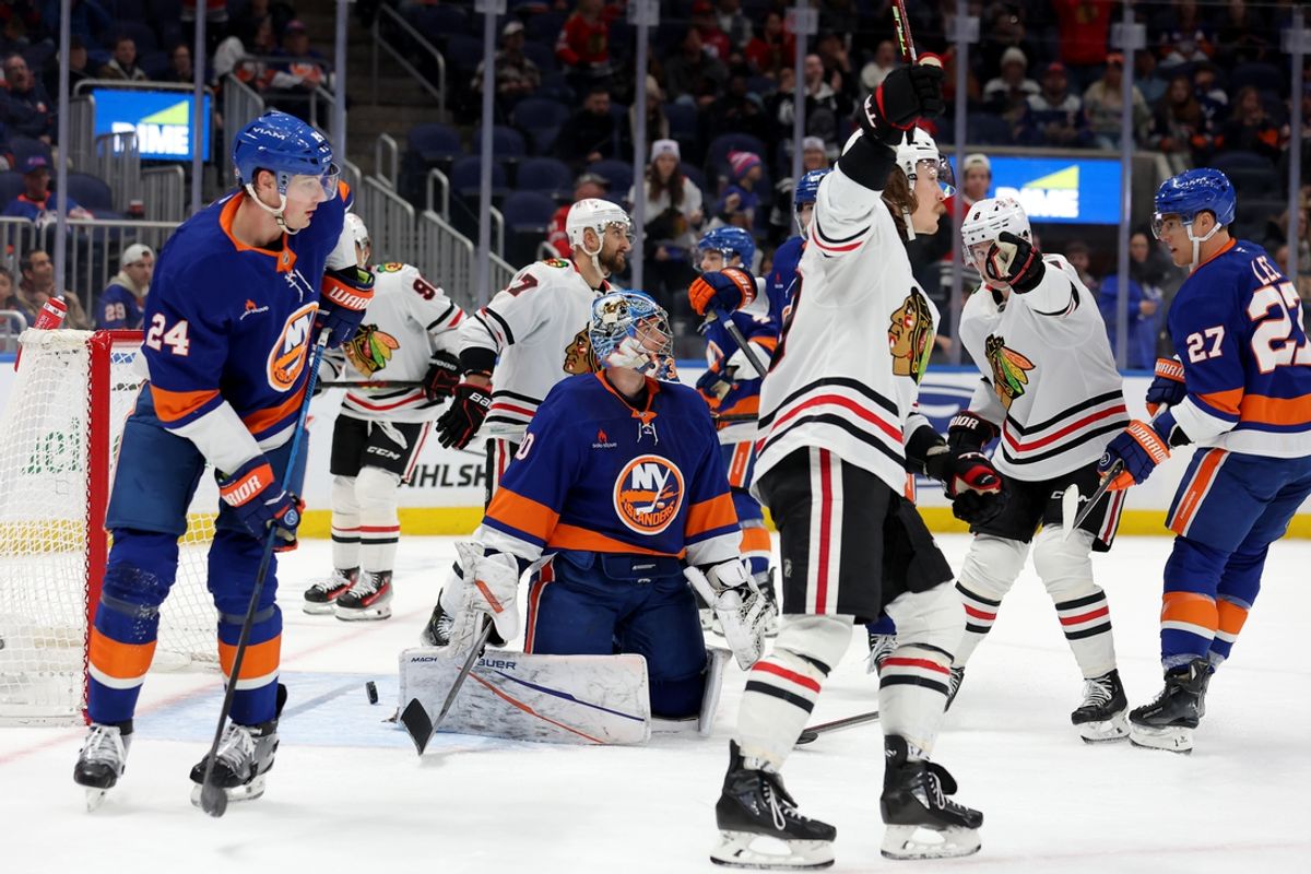 Dec 12, 2024; Elmont, New York, USA; Chicago Blackhawks left wing Tyler Bertuzzi (59) celebrates his goal against New York Islanders goaltender Ilya Sorokin (30) during the third period at UBS Arena. Mandatory Credit: Brad Penner-Imagn Images