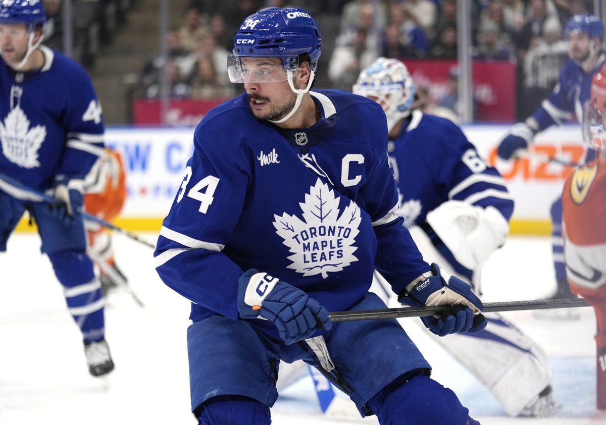 Dec 12, 2024; Toronto, Ontario, CAN; Toronto Maple Leafs forward Auston Matthews (34) looks for the puck against the Anaheim Ducks during the second period at Scotiabank Arena. Mandatory Credit: John E. Sokolowski-Imagn Images