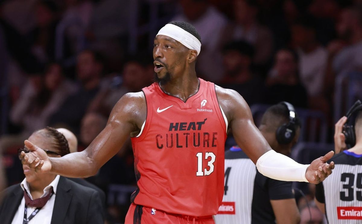 Dec 12, 2024; Miami, Florida, USA;  Miami Heat center Bam Adebayo (13) reacts against the Toronto Raptors during the second half at Kaseya Center. Mandatory Credit: Rhona Wise-Imagn Images