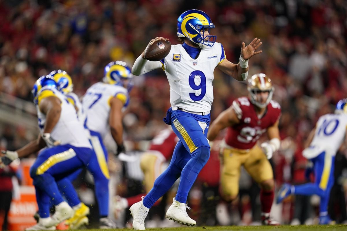 Dec 12, 2024; Santa Clara, California, USA; Los Angeles Rams quarterback Matthew Stafford (9) throws a pass against the San Francisco 49ers in the fourth quarter at Levi's Stadium. Mandatory Credit: Cary Edmondson-Imagn Images
