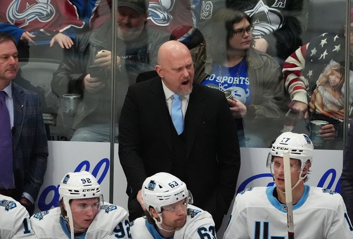 Dec 12, 2024; Denver, Colorado, USA; Utah Hockey Club head coach Andre Tourigny calls out in the third period against the Colorado Avalanche at Ball Arena. Mandatory Credit: Ron Chenoy-Imagn Images