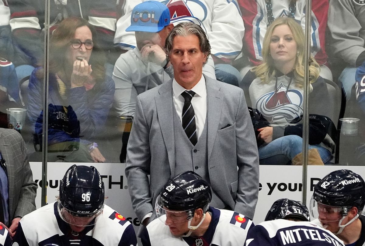 Dec 12, 2024; Denver, Colorado, USA; Colorado Avalanche head coach Jared Bednar during the third period against the Utah Hockey Club at Ball Arena. Mandatory Credit: Ron Chenoy-Imagn Images