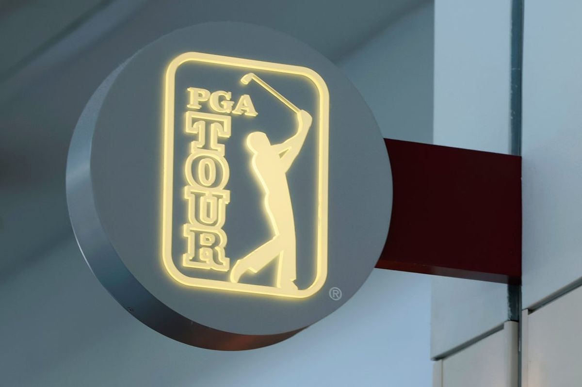 PGA Tour logo sign is shown at the PGA Tour Grill Thursday, Dec. 12, 2024 at Jacksonville International Airport in Jacksonville, Fla.