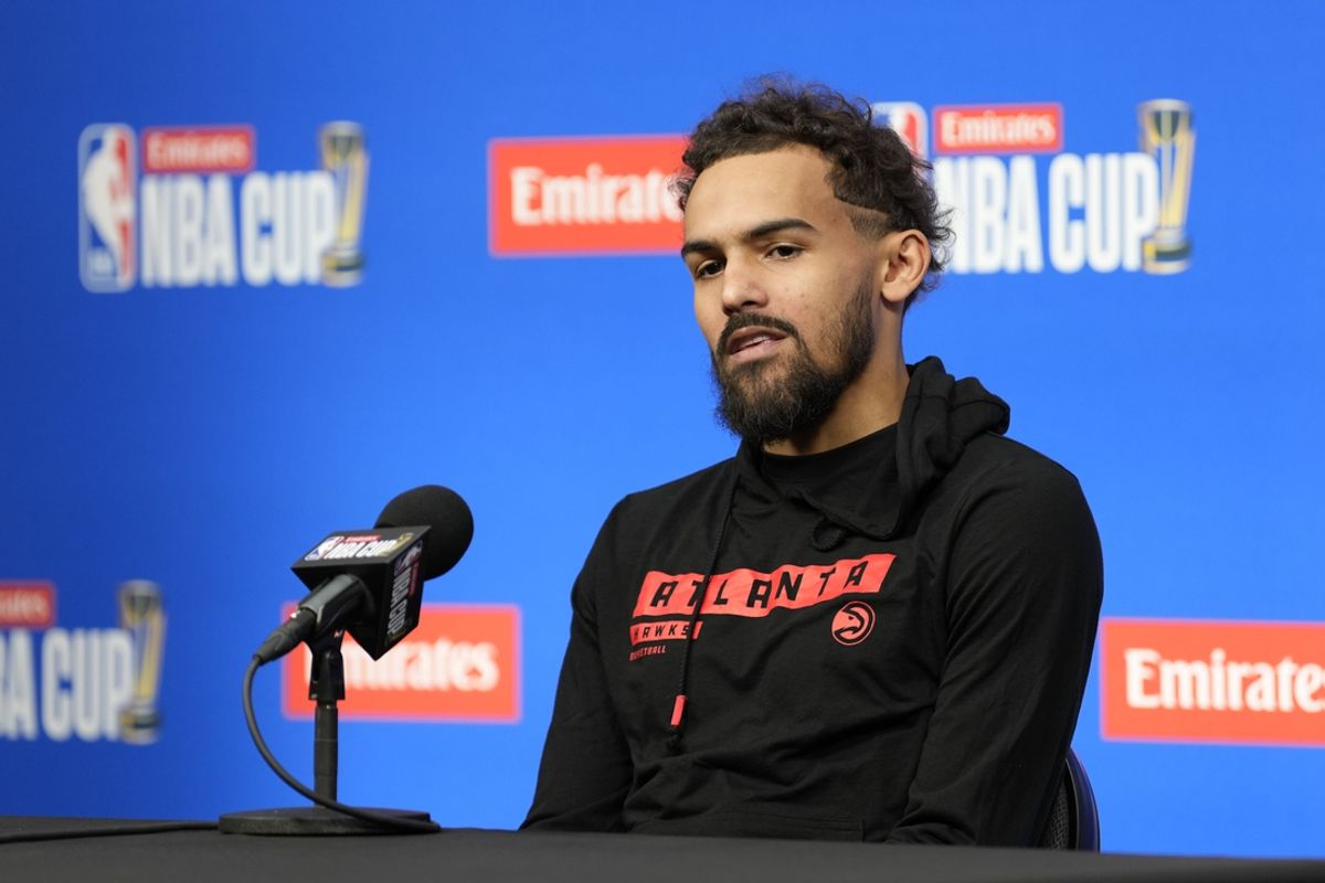 December 13, 2024; Las Vegas, Nevada, USA; Atlanta Hawks guard Trae Young (11) addresses the media in a press conference during practice prior to the Emirates NBA Cup semi-finals at T-Mobile Arena. Mandatory Credit: Kyle Terada-Imagn Images