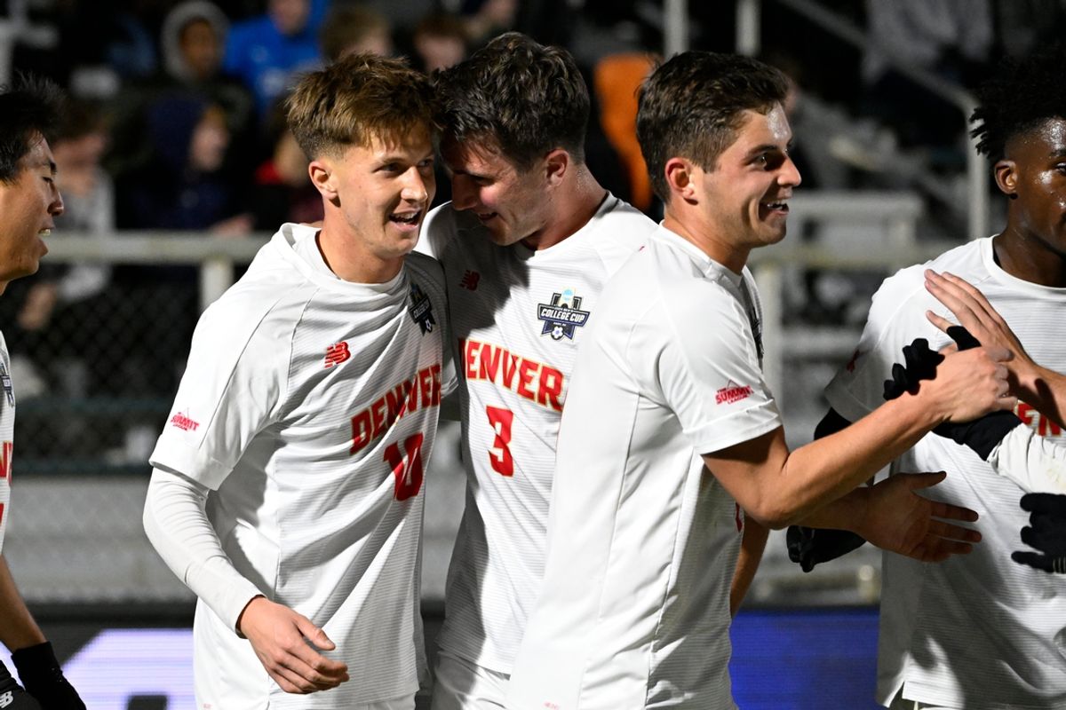 Dec 13, 2024; Cary, NC, USA; Denver midfielder Sam Bassett (10) reacts with defender Trevor Wright (3) after scoring a goal in the second half at WakeMed Soccer Park. Mandatory Credit: Bob Donnan-Imagn Images