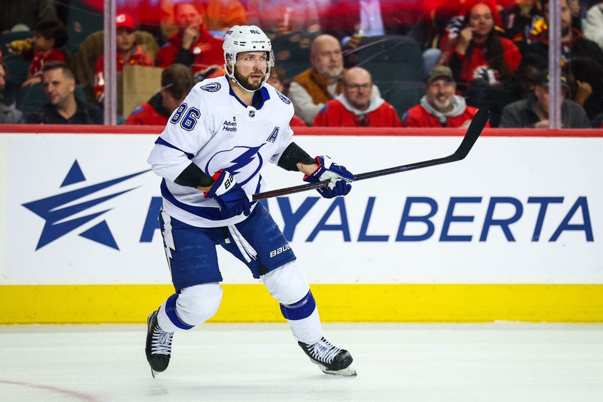 Dec 12, 2024; Calgary, Alberta, CAN; Tampa Bay Lightning right wing Nikita Kucherov (86) skates against the Calgary Flames during the second period at Scotiabank Saddledome. Mandatory Credit: Sergei Belski-Imagn Images
