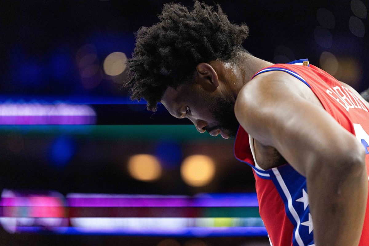Dec 13, 2024; Philadelphia, Pennsylvania, USA; Philadelphia 76ers center Joel Embiid (21) looks on during a break in action in the first quarter against the Indiana Pacers at Wells Fargo Center. Mandatory Credit: Bill Streicher-Imagn Images