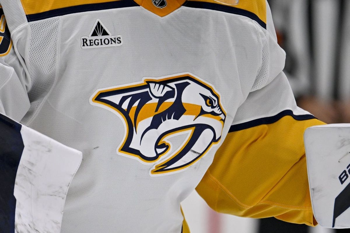 Dec 12, 2024; Dallas, Texas, USA; A view of the Nashville Predators logo on the jersey of goaltender Justus Annunen (29) during the game between the Dallas Stars and the Nashville Predators at American Airlines Center. Mandatory Credit: Jerome Miron-Imagn Images