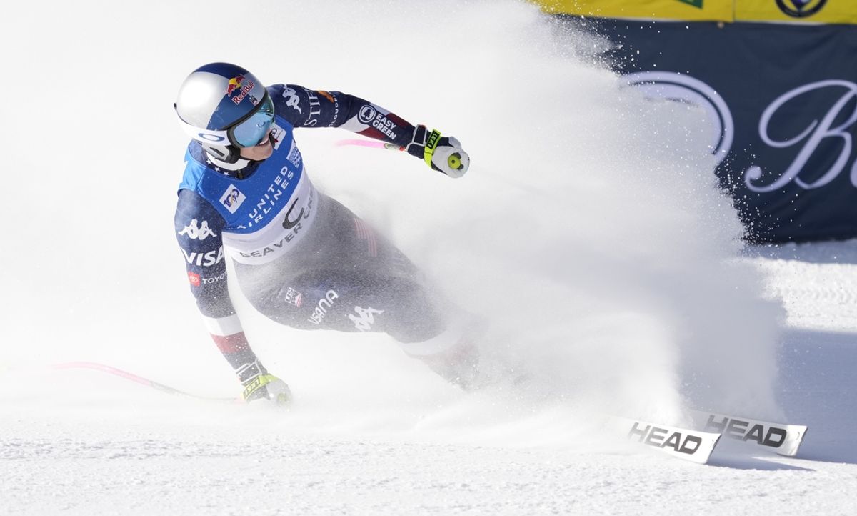 Dec 14, 2024; Beaver Creek, CO, USA; Lindsey Vonn of the United States reacts in the finish area after racing as a forerunner in the women's downhill race for the 2024 Stifel Birds of Prey Audi FIS alpine skiing World Cup at Birds of Prey. Mandatory Credit: Michael Madrid-Imagn Images