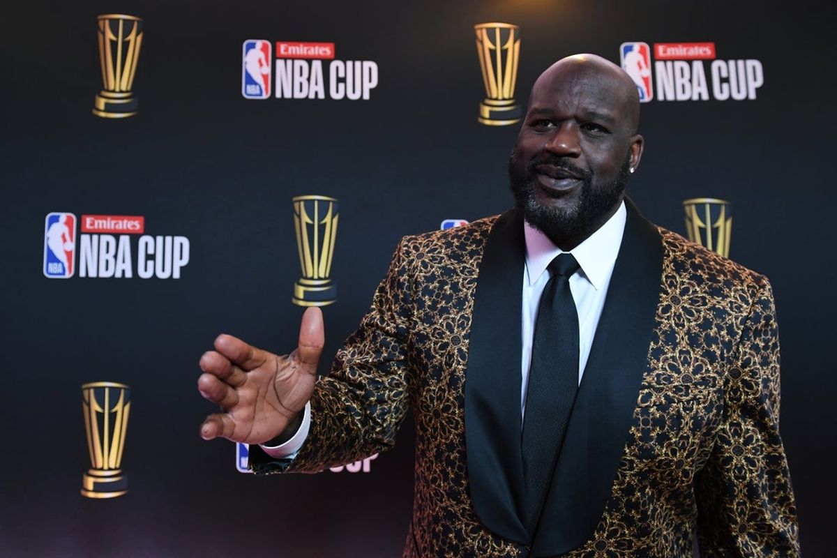 Dec 14, 2024; Las Vegas, NV, USA; Shaquille O'Neal arrives on the red carpet before the Emirates NBA Cup semifinal game at T-Mobile Arena. Mandatory Credit: Candice Ward-Imagn Images