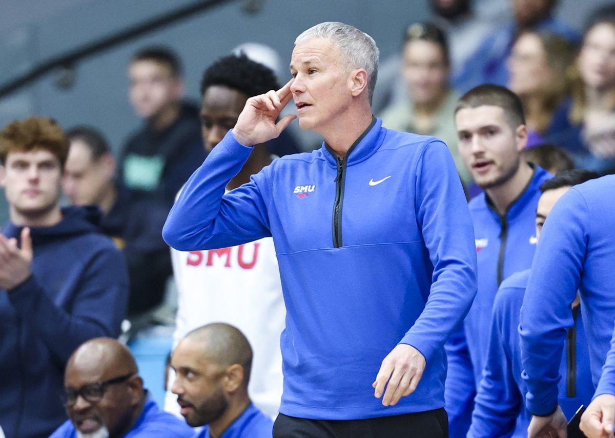 Dec 14, 2024; Frisco, Texas, USA;  Southern Methodist Mustangs head coach Andy Enfield reacts during the first half against the LSU Tigers at Comerica Center. Mandatory Credit: Kevin Jairaj-Imagn Images