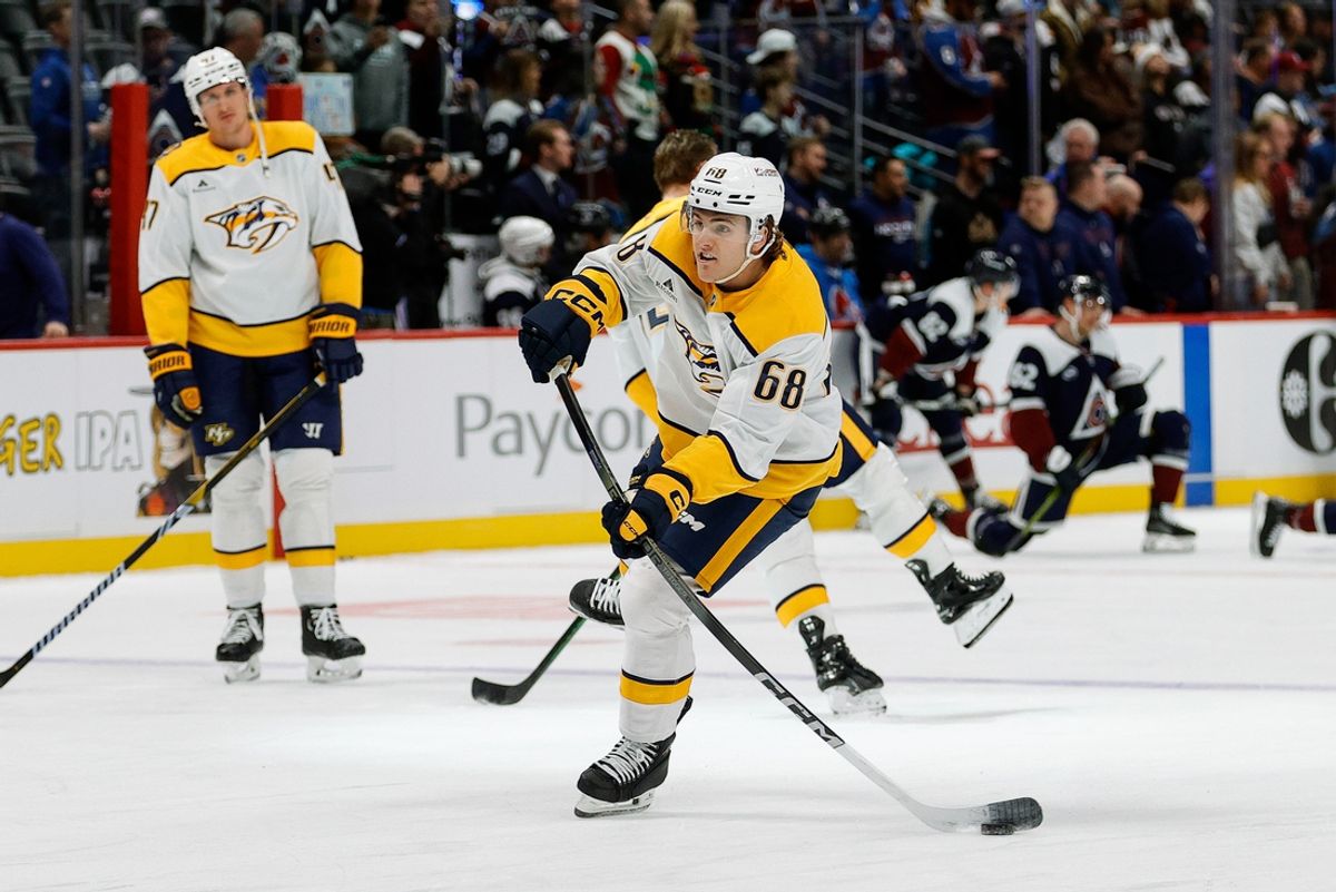 Dec 14, 2024; Denver, Colorado, USA; Nashville Predators left wing Zachary L'Heureux (68) before the game against the Colorado Avalanche at Ball Arena. Mandatory Credit: Isaiah J. Downing-Imagn Images