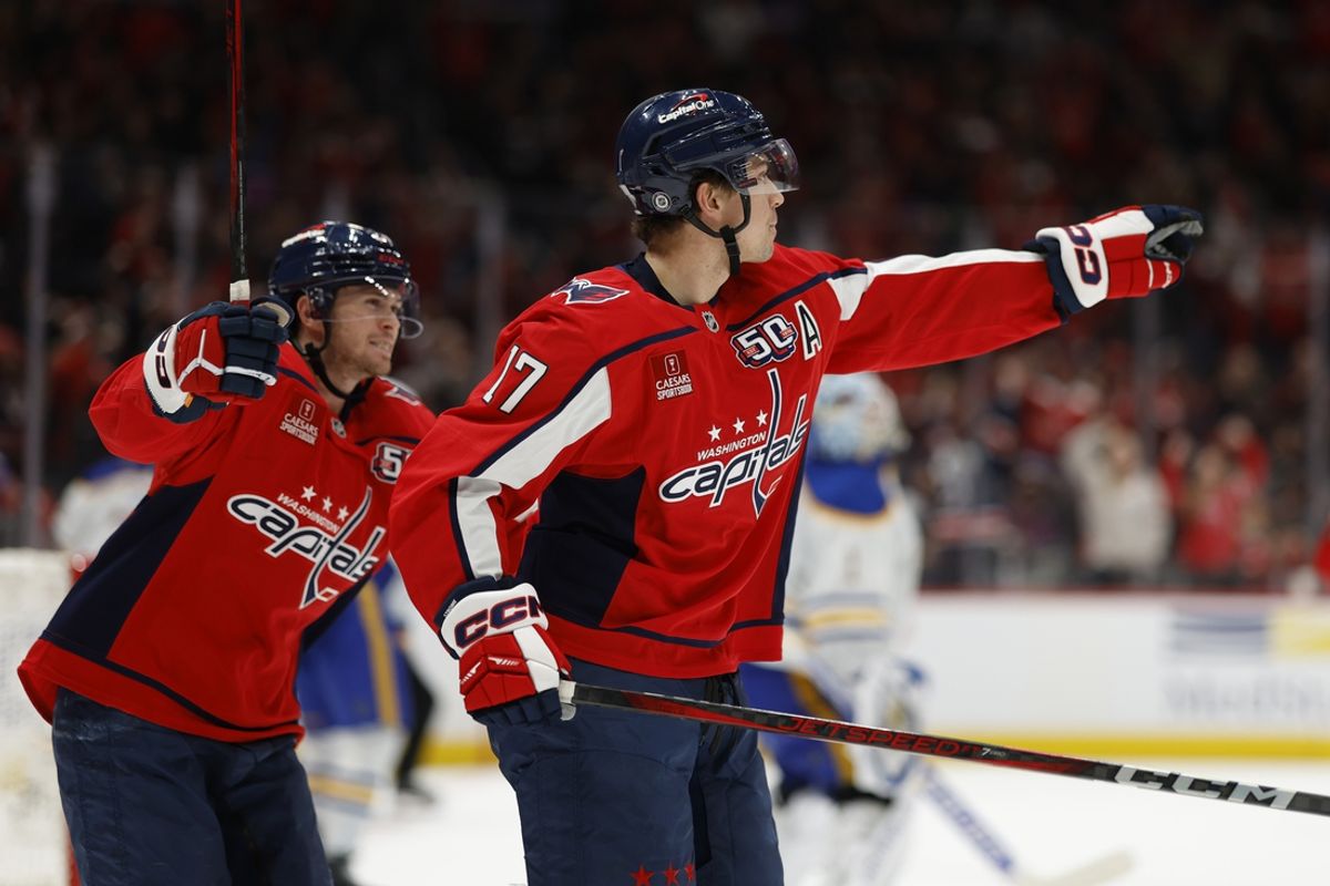 Dec 14, 2024; Washington, District of Columbia, USA; Washington Capitals center Dylan Strome (17) celebrates after scoring a goal against the Buffalo Sabres in the third period at Capital One Arena. Mandatory Credit: Geoff Burke-Imagn Images