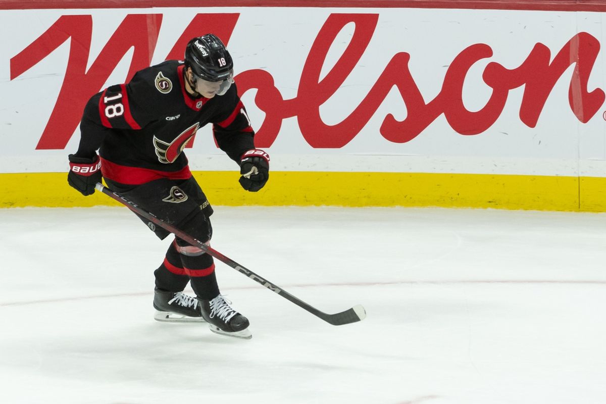 Dec 14, 2024; Ottawa, Ontario, CAN; Ottawa Senators center Tim Stuzle (18) celebrates a goal in overtime for a  win against the Pittsburgh Penguins at the Canadian Tire Centre. Mandatory Credit: Marc DesRosiers-Imagn Images