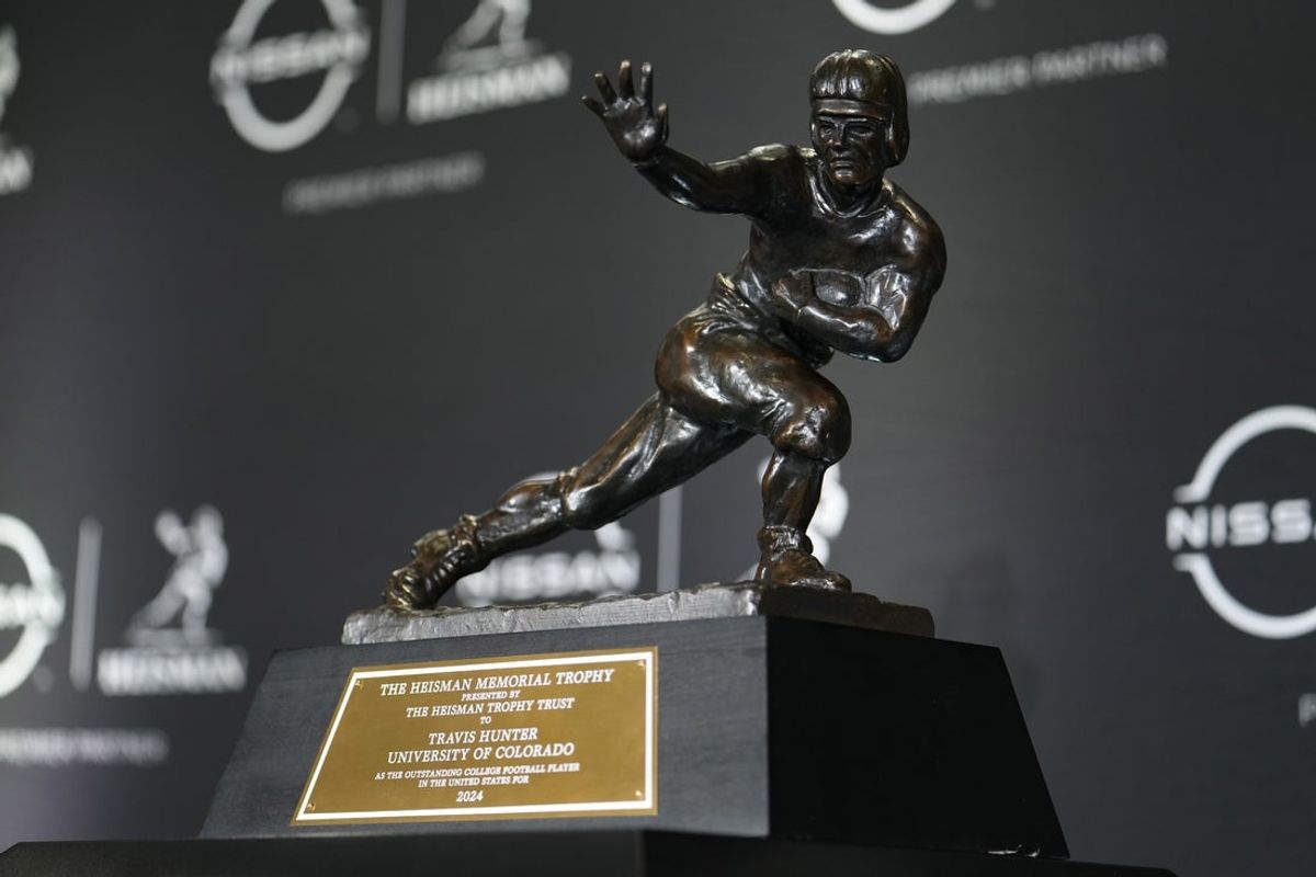 Dec 14, 2024; New York, NY, USA; A general view of the 2024 Heisman Trophy awarded to Colorado Buffaloes wide receiver/cornerback Travis Hunter during the 2024 Heisman Trophy Presentation. Mandatory Credit: Lucas Boland-Imagn Images