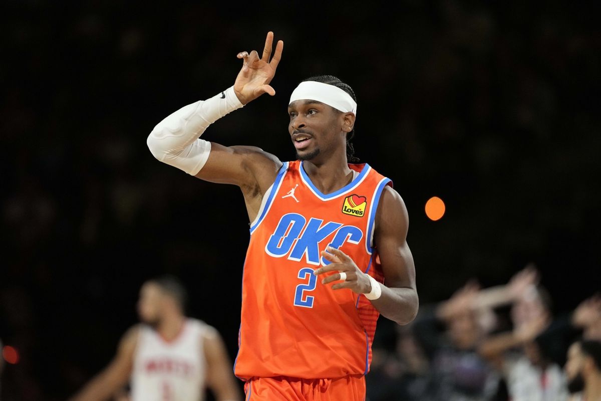 Dec 14, 2024; Las Vegas, Nevada, USA; Oklahoma City Thunder guard Shai Gilgeous-Alexander (2) reacts during the fourth quarter against the Houston Rockets in a semifinal of the 2024 Emirates NBA Cup at T-Mobile Arena. Mandatory Credit: Kyle Terada-Imagn Images