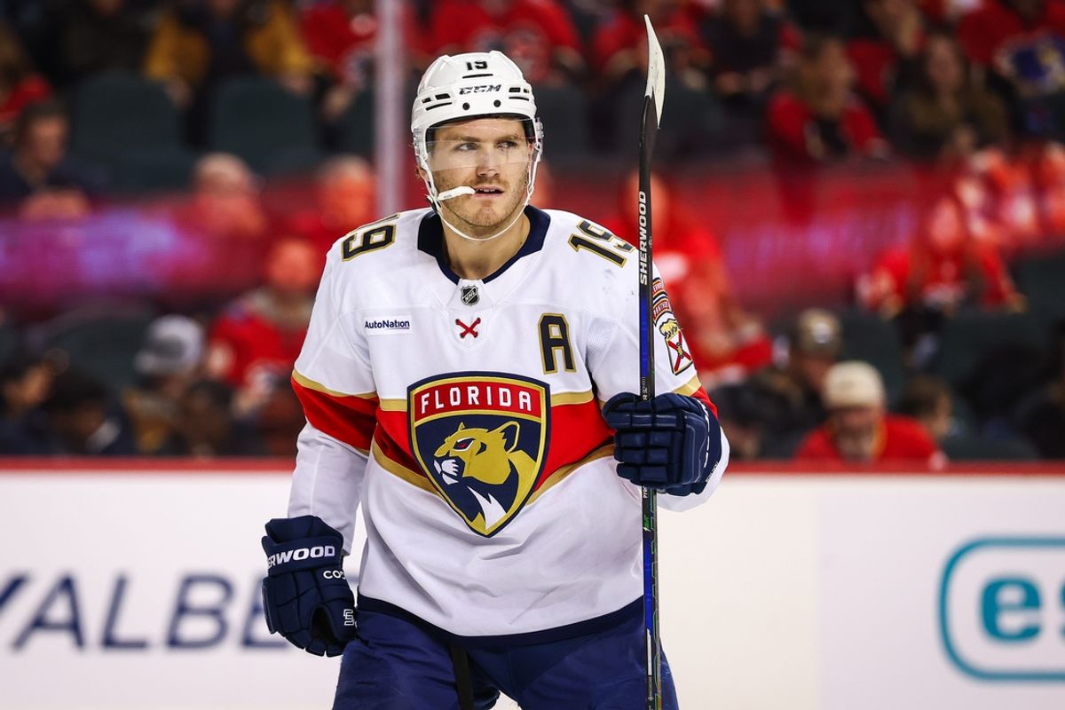Dec 14, 2024; Calgary, Alberta, CAN; Florida Panthers left wing Matthew Tkachuk (19) during the second period against the Calgary Flames at Scotiabank Saddledome. Mandatory Credit: Sergei Belski-Imagn Images