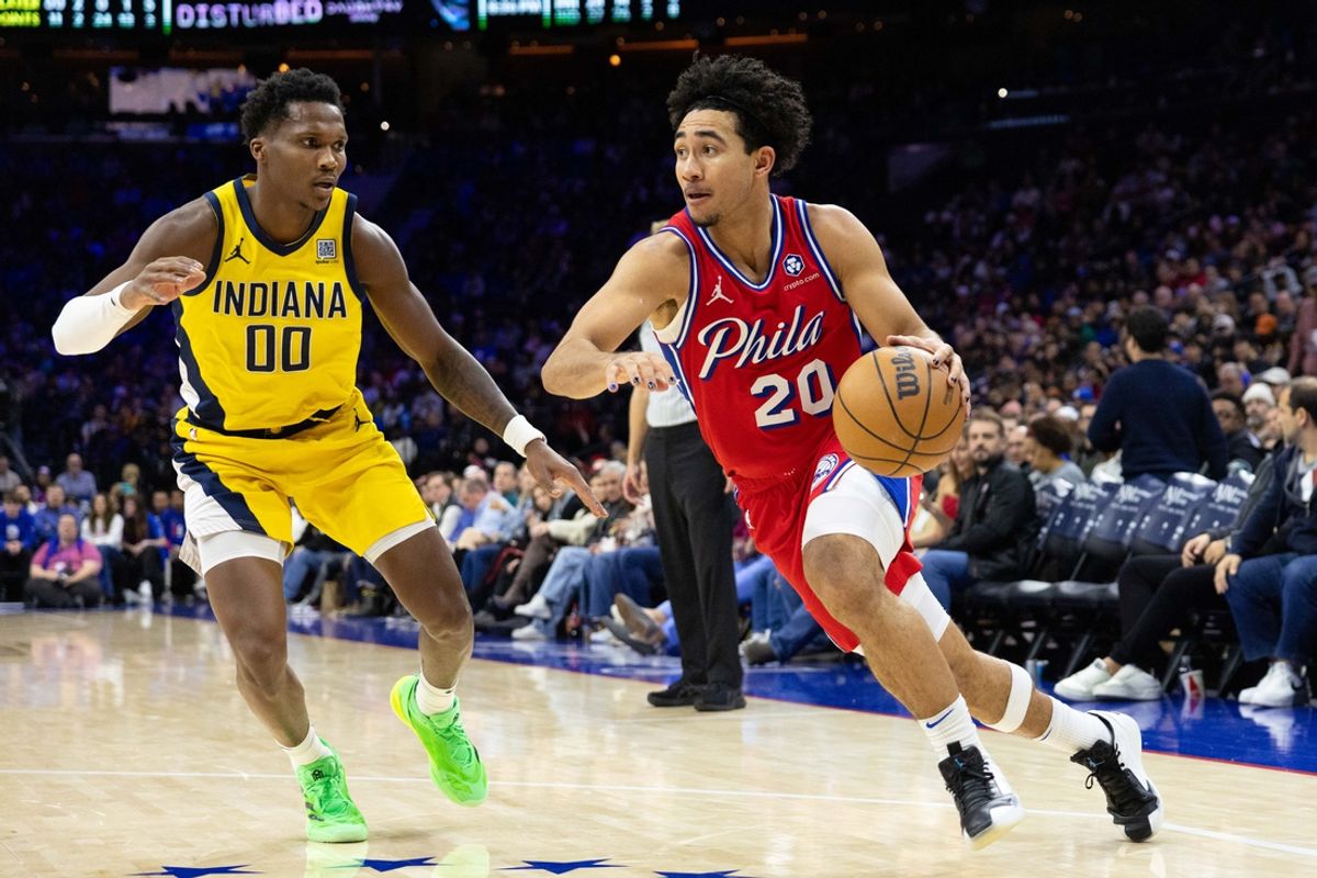 Dec 13, 2024; Philadelphia, Pennsylvania, USA; Philadelphia 76ers guard Jared McCain (20) and Indiana Pacers guard Bennedict Mathurin (00) in action at Wells Fargo Center. Mandatory Credit: Bill Streicher-Imagn Images