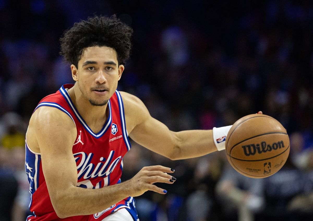 Dec 13, 2024; Philadelphia, Pennsylvania, USA; Philadelphia 76ers guard Jared McCain (20) in action against the Indiana Pacers at Wells Fargo Center. Mandatory Credit: Bill Streicher-Imagn Images