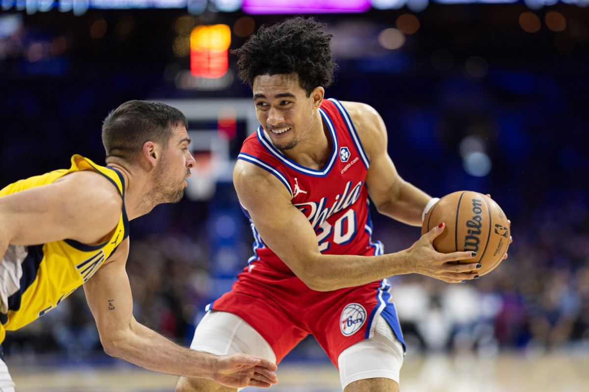 Dec 13, 2024; Philadelphia, Pennsylvania, USA; Philadelphia 76ers guard Jared McCain (20) and Indiana Pacers guard T.J. McConnell (9) in action at Wells Fargo Center. Mandatory Credit: Bill Streicher-Imagn Images