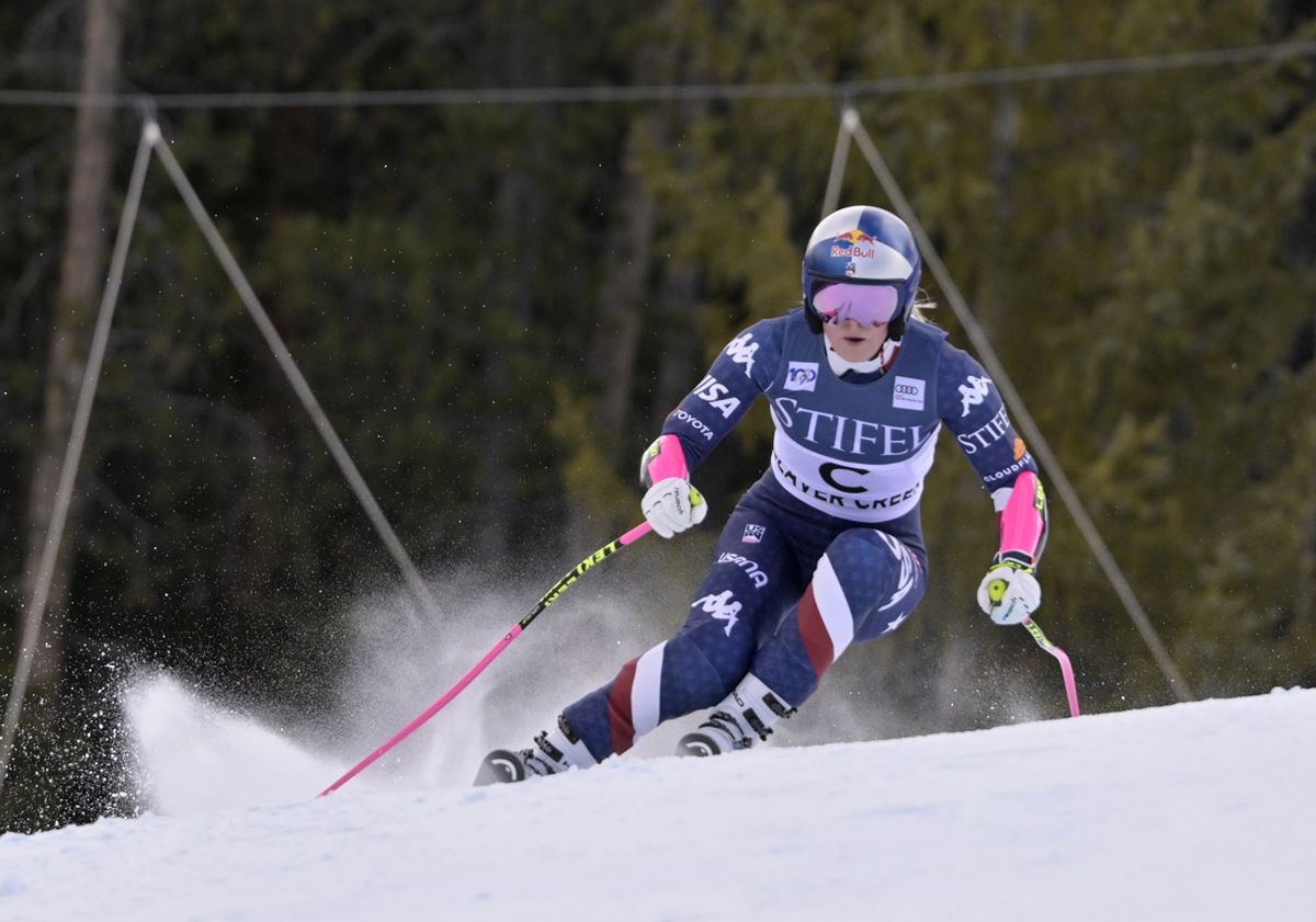 Dec 15, 2024; Beaver Creek, CO, USA; Lindsey Vonn of the United States races as a forerunner in the women's super G race for the 2024 Stifel Birds of Prey Audi FIS alpine skiing World Cup at Birds of Prey. Mandatory Credit: Eric Bolte-Imagn Images