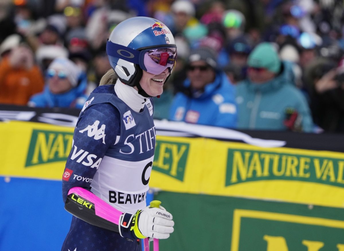 Dec 15, 2024; Beaver Creek, CO, USA; Lindsey Vonn of the United States reacts in the finish area after competing as a forerunner in the women's super G race for the 2024 Stifel Birds of Prey Audi FIS alpine skiing World Cup at Birds of Prey. Mandatory Credit: Michael Madrid-Imagn Images