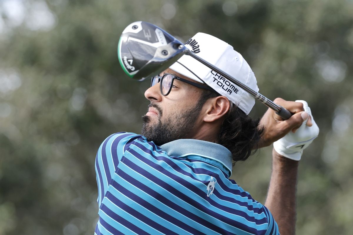 Dec 15, 2024; Naples, Florida, [USA];  Akshay Bhatia plays his shot from the ninth tee during final round play of the Grant Thornton Invitational at Tiburón Golf Club. Mandatory Credit: Reinhold Matay-Imagn Images