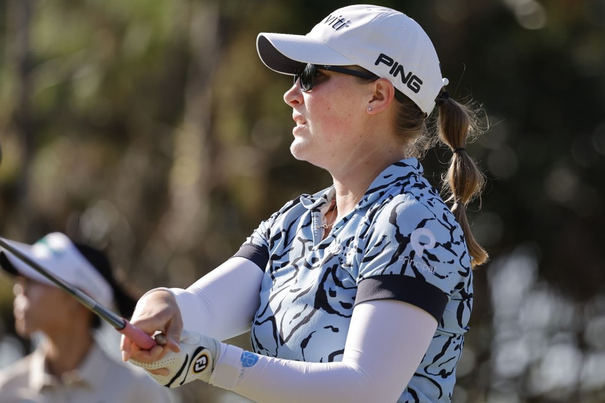 Dec 15, 2024; Naples, Florida, [USA];  Jennifer Kupcho plays her shot from the first tee during final round play of the Grant Thornton Invitational at Tiburón Golf Club. Mandatory Credit: Reinhold Matay-Imagn Images