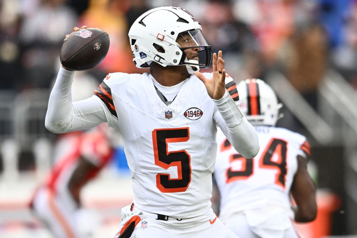 Dec 15, 2024; Cleveland, Ohio, USA; Cleveland Browns quarterback Jameis Winston (5) throws a pass during the first half against the Kansas City Chiefs at Huntington Bank Field. Mandatory Credit: Ken Blaze-Imagn Images