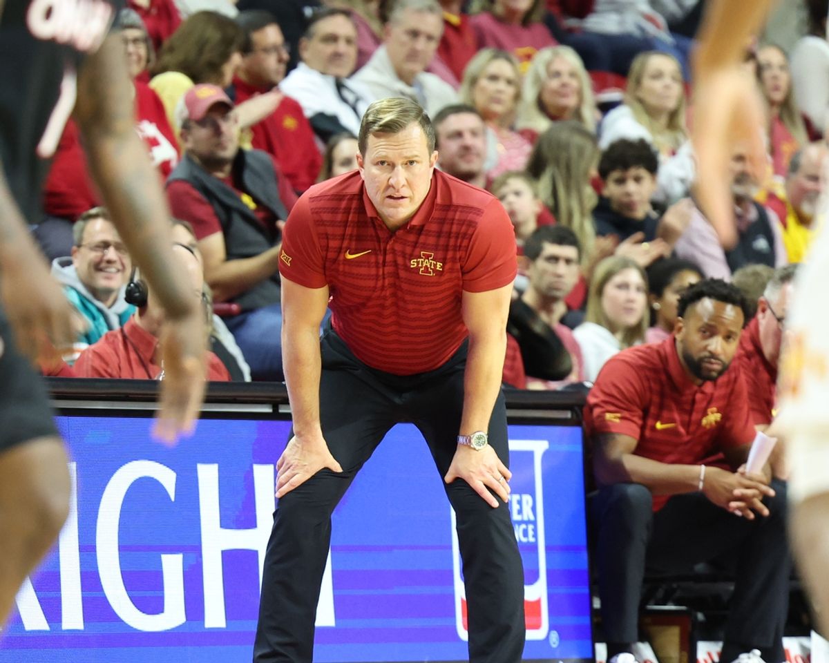 Dec 15, 2024; Ames, Iowa, USA; Iowa State Cyclones head coach T.J. Otzelberger watches his team play the Nebraska-Omaha Mavericks during the second half at James H. Hilton Coliseum. Mandatory Credit: Reese Strickland-Imagn Images