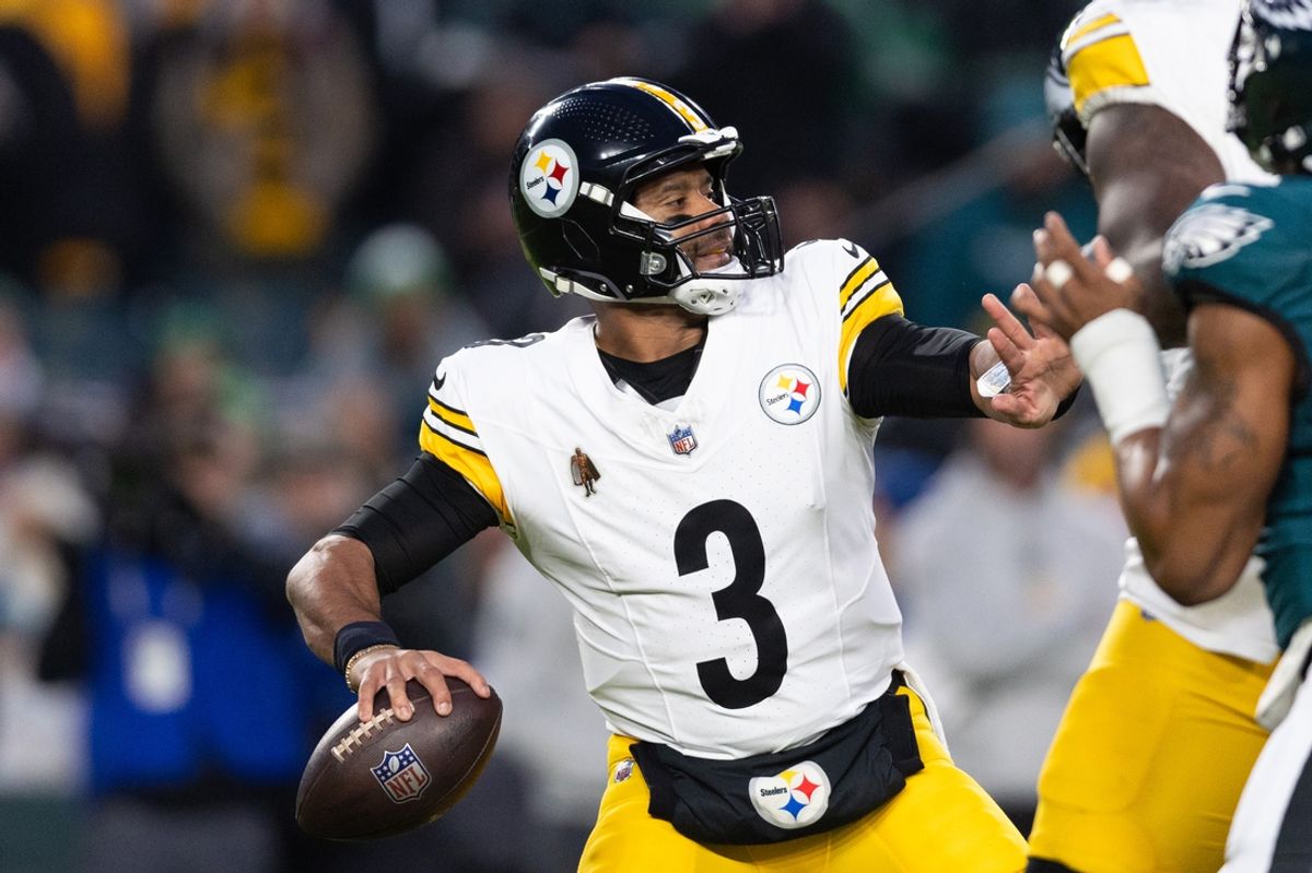 Dec 15, 2024; Philadelphia, Pennsylvania, USA; Pittsburgh Steelers quarterback Russell Wilson (3) throws the ball against the Philadelphia Eagles during the first quarter at Lincoln Financial Field. Mandatory Credit: Bill Streicher-Imagn Images