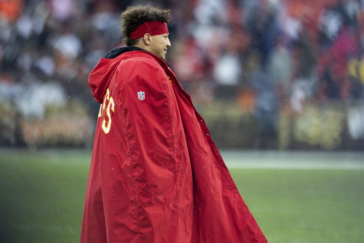 Dec 15, 2024; Cleveland, Ohio, USA; Kansas City Chiefs quarterback Patrick Mahomes (15) walks to the sideline during a timeout in the fourth quarter against the Cleveland Browns at Huntington Bank Field. Mandatory Credit: Scott Galvin-Imagn Images