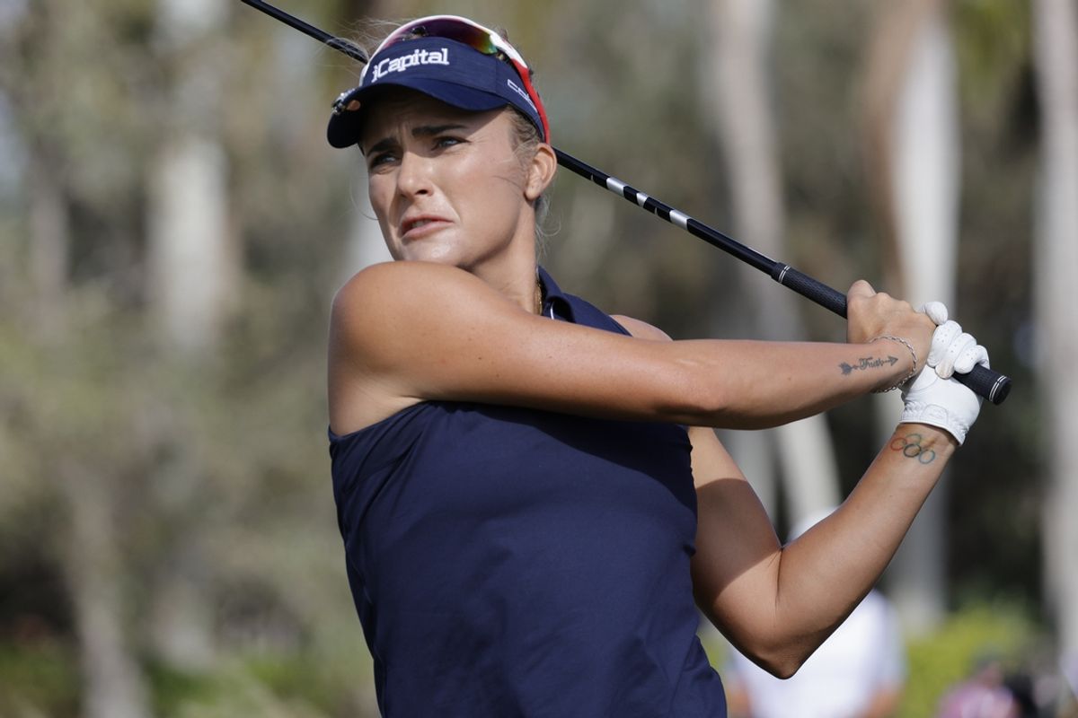 Dec 15, 2024; Naples, Florida, [USA];  Lexi Thompson hits her drive off the ninth tee during final round play of the Grant Thornton Invitational at Tiburón Golf Club. Mandatory Credit: Reinhold Matay-Imagn Images