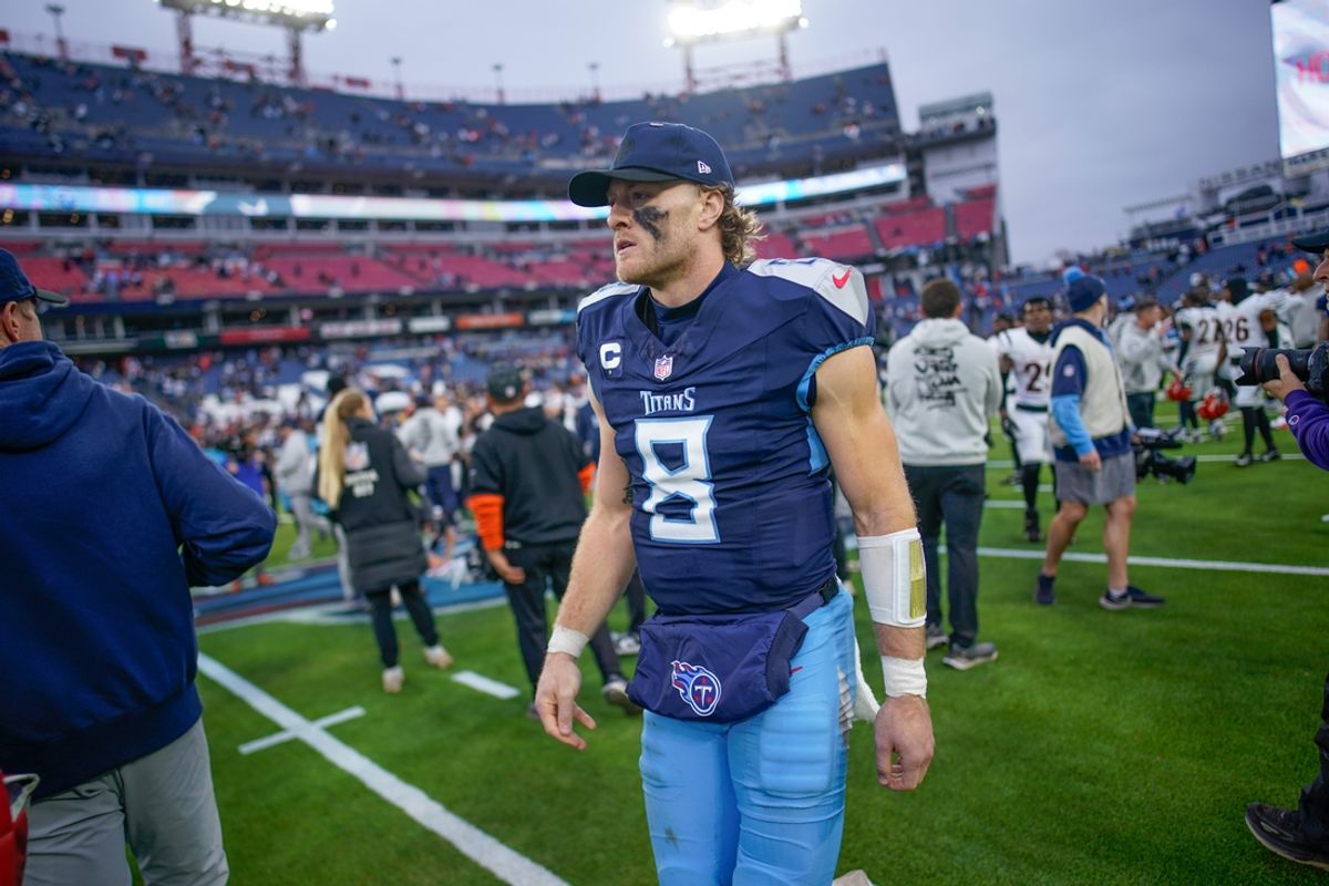 Tennessee Titans quarterback Will Levis (8) leaves the field after the game against the Cincinnati Bengals at Nissan Stadium in Nashville, Tenn., Sunday, Dec. 15, 2024.