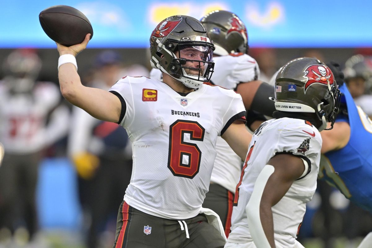 Dec 15, 2024; Inglewood, California, USA;  Tampa Bay Buccaneers quarterback Baker Mayfield (6) sets to pass in the first half against the Los Angeles Chargers at SoFi Stadium. Mandatory Credit: Jayne Kamin-Oncea-Imagn Images