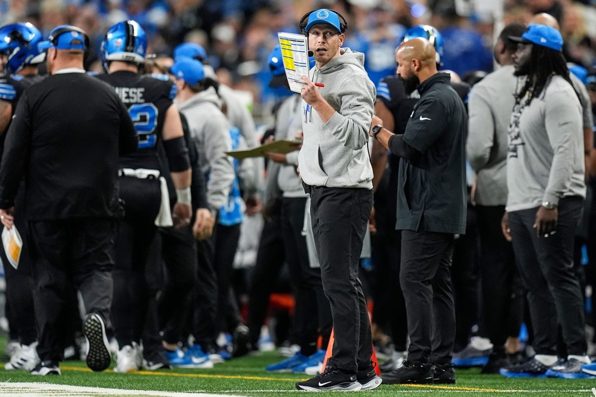 Detroit Lions offensive coordinator Ben Johnson reacts to a play against Buffalo Bills during the first half at Ford Field in Detroit on Sunday, Dec. 15, 2024.