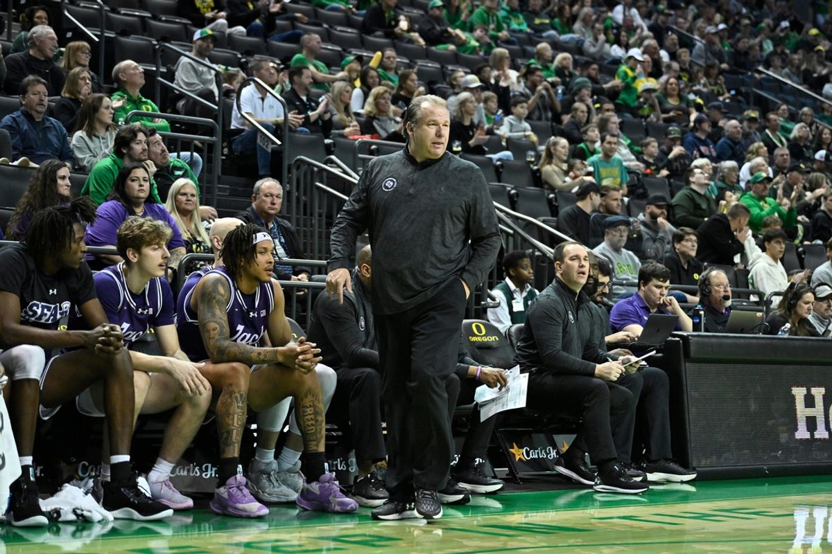 Dec 15, 2024; Eugene, Oregon, USA; Stephen F. Austin Lumberjacks head coach Kyle Keller watches his team during the first half against the Oregon Ducks at Matthew Knight Arena. Mandatory Credit: Craig Strobeck-Imagn Images