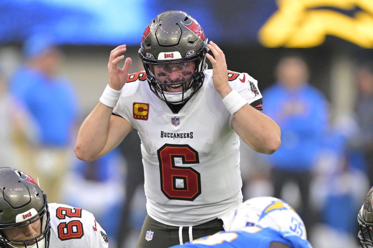 Dec 15, 2024; Inglewood, California, USA; Tampa Bay Buccaneers quarterback Baker Mayfield (6) calls a play in the second half against the Los Angeles Chargers at SoFi Stadium. Mandatory Credit: Jayne Kamin-Oncea-Imagn Images