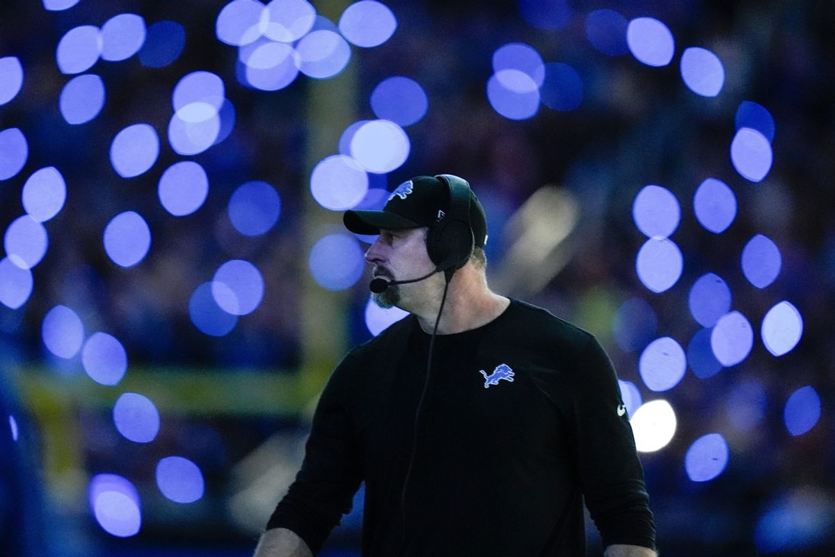 Detroit Lions head coach Dan Campbell looks on at a timeout during the second half against Buffalo Bills at Ford Field in Detroit on Sunday, Dec. 15, 2024.